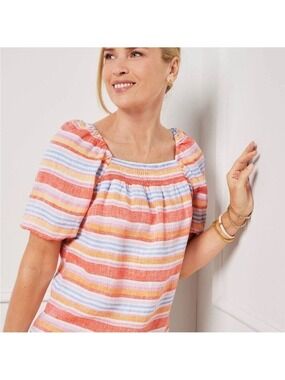 Talbots Striped 100% Linen Top Size L Orange Yellow